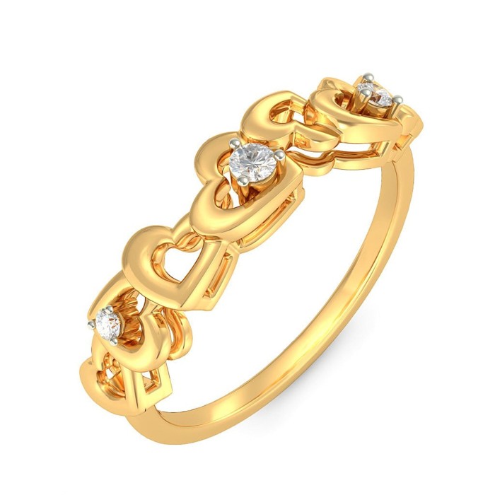  Heart Chain Gold and Diamond Ring in 14 Kt Yellow Gold and 0.1 Carat Diamond